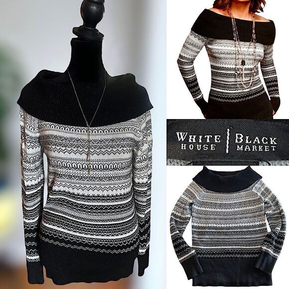 WHBM Winter Holiday Cowl Neck  Off Shoulder Fair Isle Wool Blend Sweater Size S - Picture 1 of 16